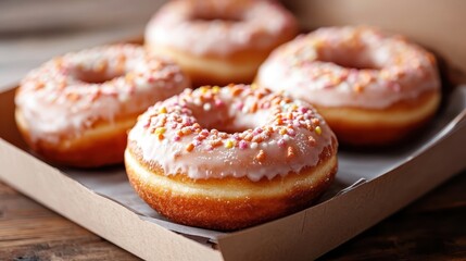 A tempting display of fresh donuts topped with pink icing and colorful sprinkles, perfect for a sweet treat or dessert table at any celebration or gathering.