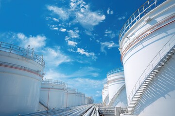 White tanks in a tank storage area beneath a blue sky