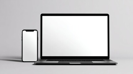 Laptop and Mobile Phone with White Screen Mockup