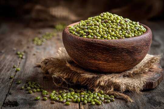 A wooden table with a bowl of uncooked mung beans for preparing mung bean porridge and curry - Powered by Adobe