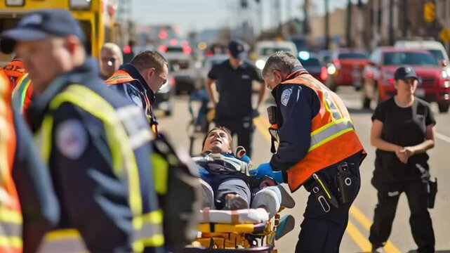 Emergency Response at Accident Scene: A vital scene unfolds as medical professionals and first responders attend to a patient at the scene of a traffic incident.
