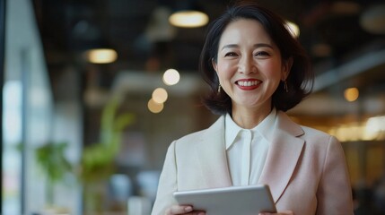 Asian woman in business attire smiling at the camera.