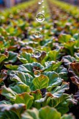 lettuce beds, droplets and humidity icons floating above, climate control farming, symbolic style, macro close up — hydroponic system, urban farm visuals