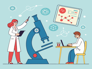 Modern flat design science laboratory with scientists working on advanced research and technology