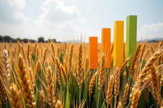 wheat field, growth bar charts rising above each stalk, productivity optimization theme, digital composite photo, eye level perspective — agri data visualization