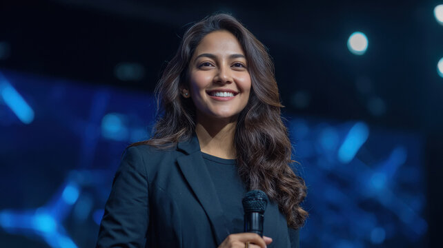 corporate woman giving speech holding mic