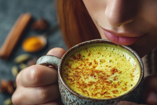 Woman enjoying a spiced turmeric milk drink Overhead view