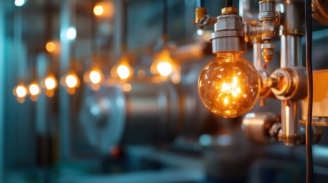This image presents a close-up view of glowing light bulbs amidst industrial equipment, illustrating the synergy between technology and aesthetics in contemporary design.