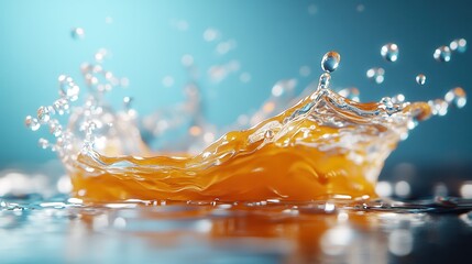 An aesthetically appealing splash of orange liquid against a soft blue background, emphasizing motion, texture, and vibrancy with droplets capturing attention.