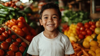 A joyful young boy smiles brightly in a vibrant market filled with fresh vegetables, showcasing the beauty of healthy living and the happiness of childhood.