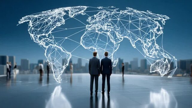 Global Vision: Two business people stand tall, gazing upon a luminous map of the world, symbolizing global opportunity, business, and ambition. Capturing future possibilities