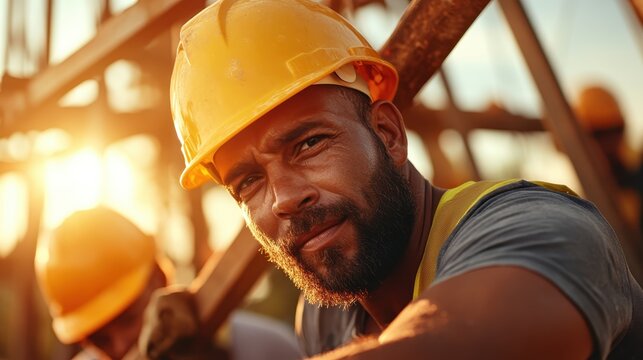 A focused construction worker in a yellow hard hat looks into the camera at a site during sunset, illustrating hard work, determination, and the pursuit of strength.