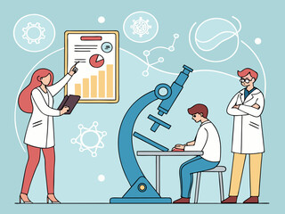 Team of scientists conducting experiments in a high tech lab with scientific diagrams