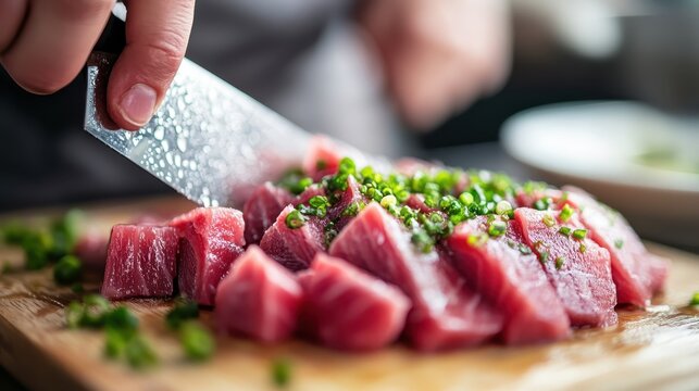 A chef skillfully slices fresh tuna alongside vibrant green onions, capturing the artistry of culinary preparation and the vibrant colors of fresh ingredients in a kitchen.
