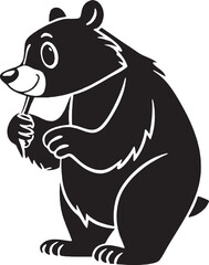 Cartoon bear silhouette licking honey off its paw, showcasing a playful and natural bear behavior in a stylized vector form.