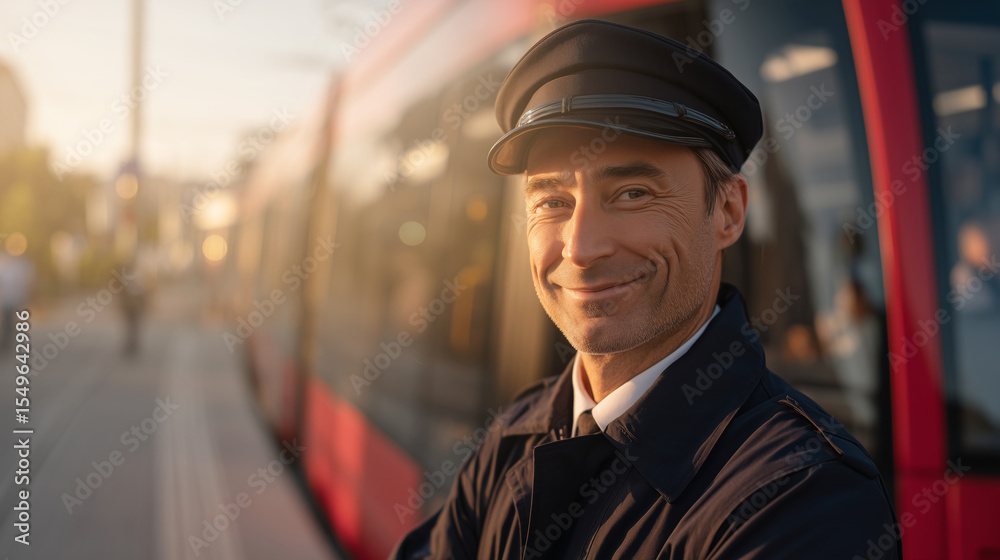 Poster a man in a conductor uniform stands on the platform with a smile as the golden sunlight casts warmth
