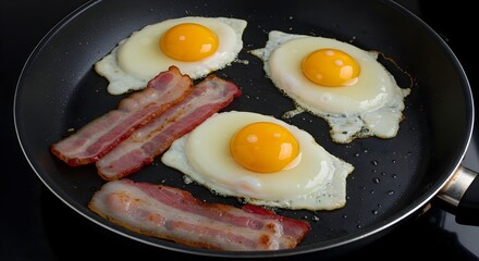 Fried eggs, Bacon, Breakfast, Fried Eggs and Bacon in a Pan