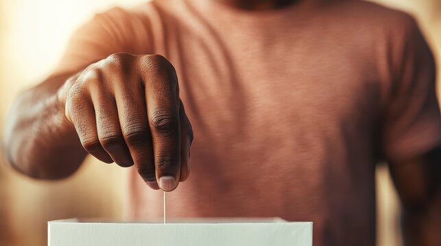 A close-up of a hand casting a vote into a ballot box symbolizes civic duty and participation in democracy; essential for a thriving society. The moment captures responsibility.