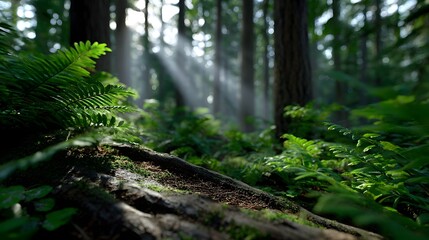 Fototapeta premium Sunlight filters through a lush, verdant forest.