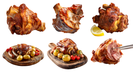 Set of Pork knuckle hock, ham hock meat, roast braised, grilled boiled smoked fried, on serving wooden board, fork isolated on transparent cutout PNG. Mockup template for design