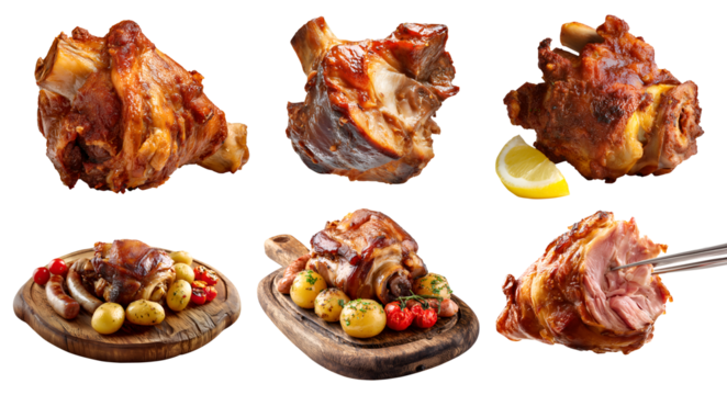 Set of Pork knuckle hock, ham hock meat, roast braised, grilled boiled smoked fried, on serving wooden board, fork isolated on transparent cutout PNG. Mockup template for design