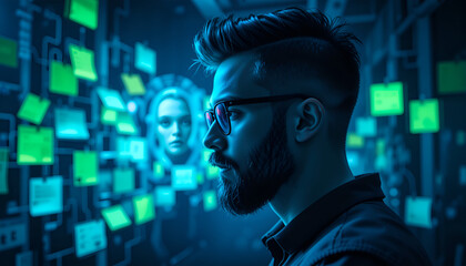 Futuristic Man with Digital Interface and Neon Lights	