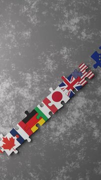 Puzzle pieces featuring flags of G7 nations are arranged sequentially, highlighting Canada's, Germany's, and Japan's flags among others. The G7 logo is prominently displayed above. 3D animation.