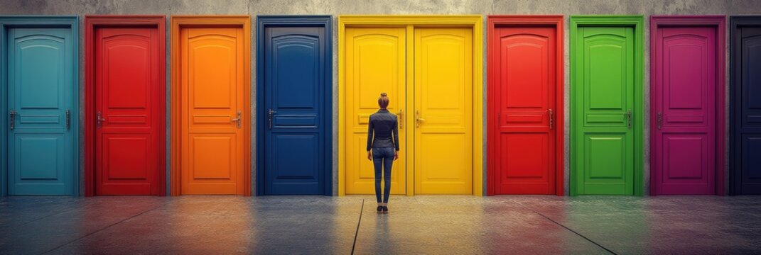 A woman stands before many colorful doors, signifying a multitude of choices