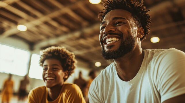 A heartwarming scene featuring a father and son laughing joyfully together inside a gym, showcasing the bond of family and the excitement of shared moments through their smiles. - Powered by Adobe