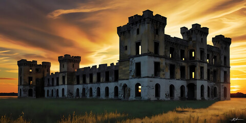 Dramatic sky over decaying fortress silhouette

