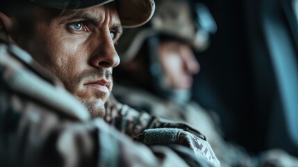 This intense image portrays a soldier with sharp focus and resilience, embodying strength and determination while on a mission in a tense military environment.