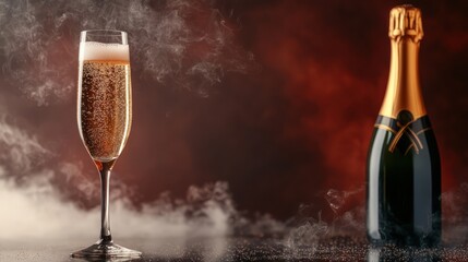A beautifully styled champagne glass with bubbles, next to an unopened bottle, surrounded by swirling smoke, ideal for celebrations, parties, and luxury themes.