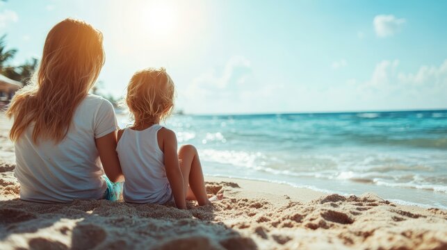 A serene moment of a mother and child sitting on the sandy beach, gazing at the ocean, evoking feelings of love, peace, and the beauty of family time by the sea. - Powered by Adobe