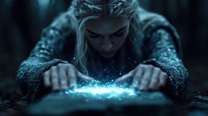 A mystical woman in a dark forest focuses on a glowing ancient book, casting magical sparkles, encapsulating themes of power, mystery, imagination, and the allure of ancient wisdom.