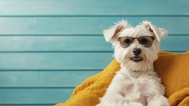 A cute dog wearing sunglasses lounges comfortably on a cozy couch, embodying leisure and charm, perfectly capturing the relaxed vibe of pet companionship and trendy style.