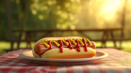 American-style hot dog in a soft bun, topped with mustard, ketchup, and relish, served on a plate placed on a picnic table with blurred background.