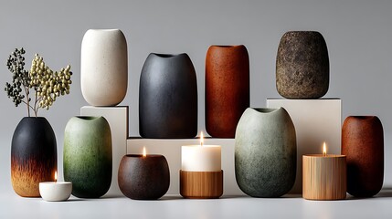Handcrafted clay vases and rustic candles arranged for cozy home decor high resolution image
