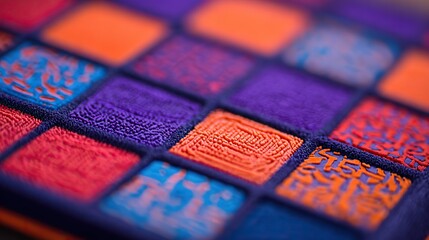 Close-up of colored rubber textures with intricate patterns, showcasing unique surface details such as graininess and raised lines. Emphasize the material beauty of product design.