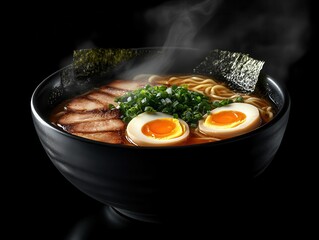 A bowl of steaming ramen with rich broth, soft-boiled egg, nori, and chashu pork, garnished with green onions