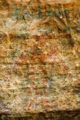 Native American petroglyphs and pictographs sandstone outcropping at Roche-a-Cri State Park, Wisconsin