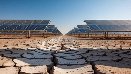Solar Panels in Desert Landscape: A striking scene captures rows of solar panels, harnessing the sun's energy against the backdrop of a cracked, arid desert floor.