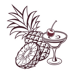 Pineapple cocktail garnished, outline vector icon on white background.