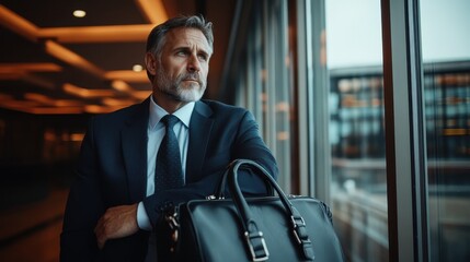 In this image, a thoughtful businessman stands by a window with a briefcase, reflecting on important decisions while embodying professionalism and determination.