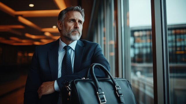 In this image, a thoughtful businessman stands by a window with a briefcase, reflecting on important decisions while embodying professionalism and determination. - Powered by Adobe