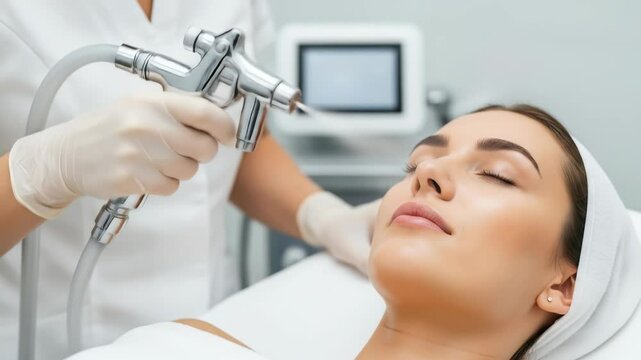 Woman receiving facial care with hydrafacial machine in beauty salon. Face treatment for skin rejuvenation, youth, and health footage.