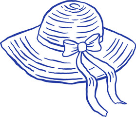 Hand draw women's summer hat with bow vector illustration. Beach headgear in doodle style