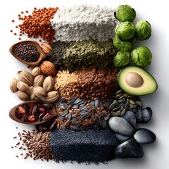 Healthy pantry staples arranged in colorful grid pattern for visual nutrition appeal high resolution image