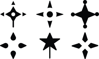Set of six black abstract star and sparkle icons in various geometric styles on a white background
