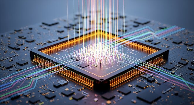 Silicon photonics chip emitting light beams to illustrate data transmission