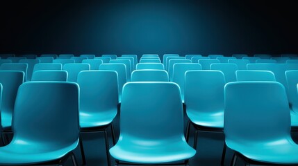 Fototapeta premium A striking image of empty blue chairs arranged in a theater setting, under dramatic lighting, conveying feelings of anticipation and the arts experience.